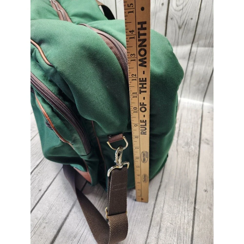 Vtg L.L. Bean Forest Green Canvas Duffle Bag Leather Trim Brass Hardware Travel